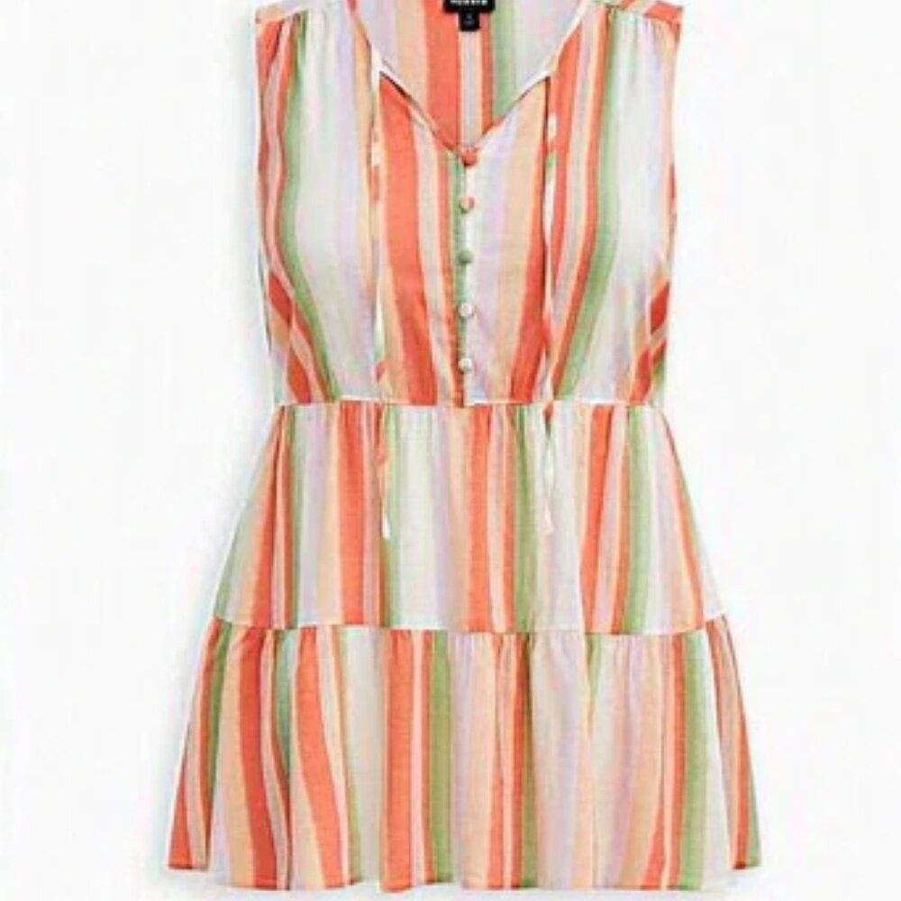 Rayon Slub Button-Front Tiered Tank- Striped